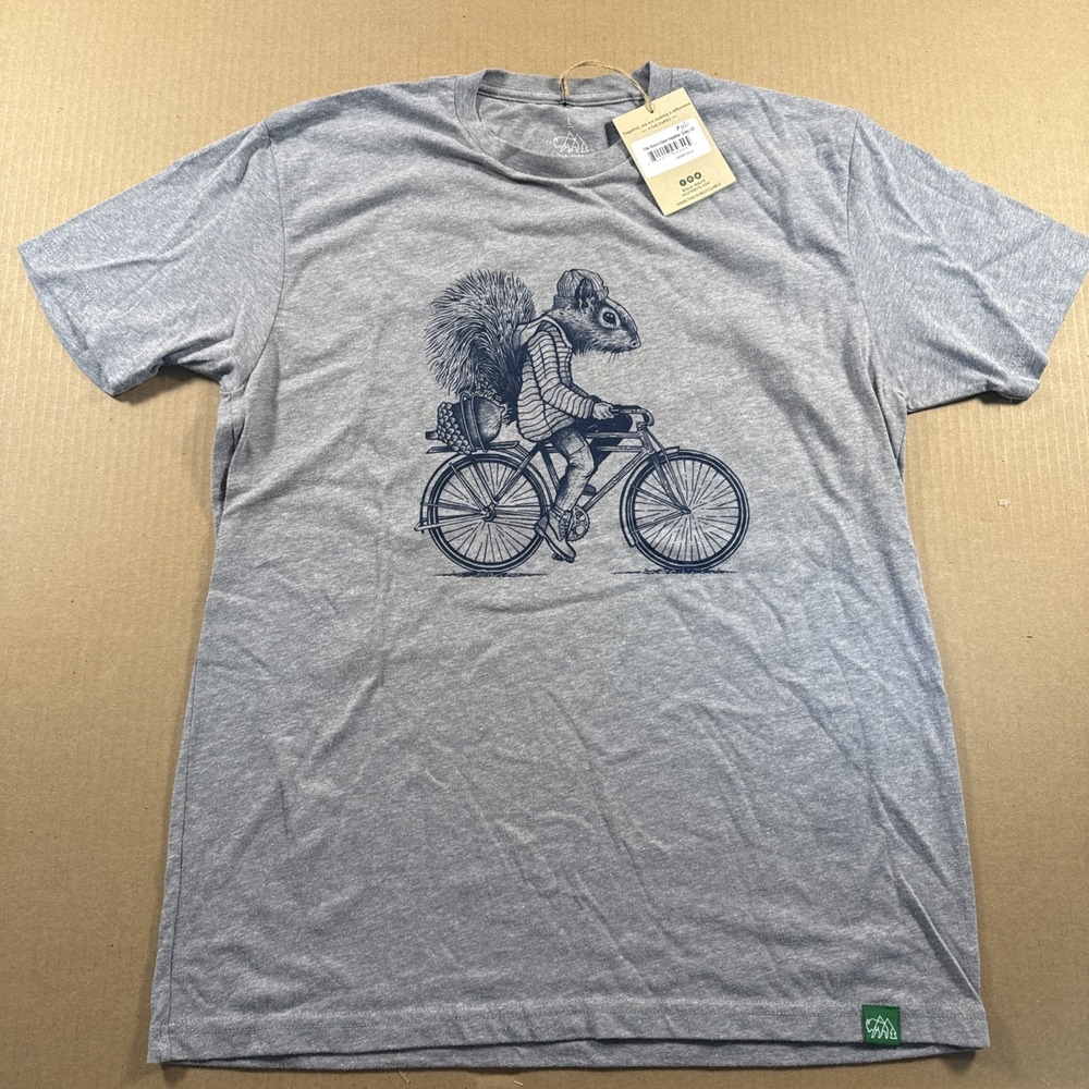 Wild Tribute Men's Squirrel Acorn Bike, Gray Short Sleeve Shirt L, NWT